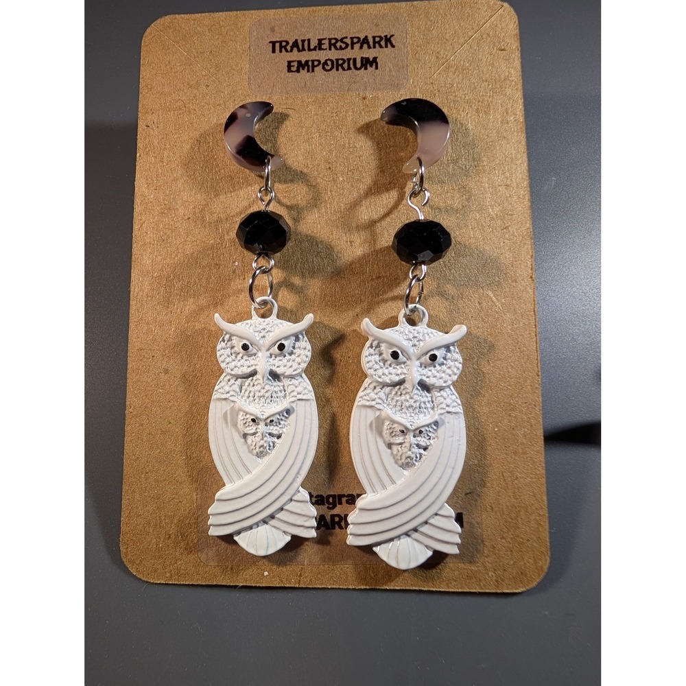 Trailerspark Emporium White Owl Drop Earrings Black Bead Tortoise Moon Studs